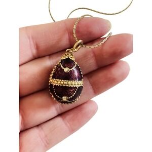 VTG Regal Enamel Egg Necklace Gold Plated Rhinestone Guilloche Charm Pendant 90s